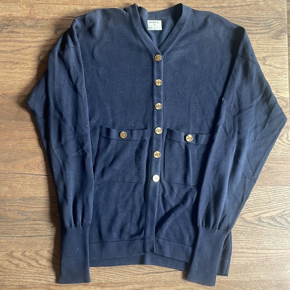 Chanel vintage navy cotton cardigan with gold hardware